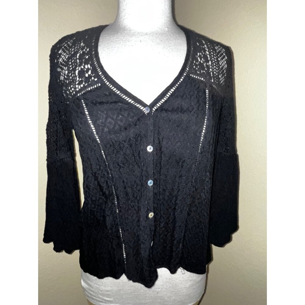Lovestitch Women's Black Lace Crochet Button Down Top Blouse Sz S Bell Sleeve